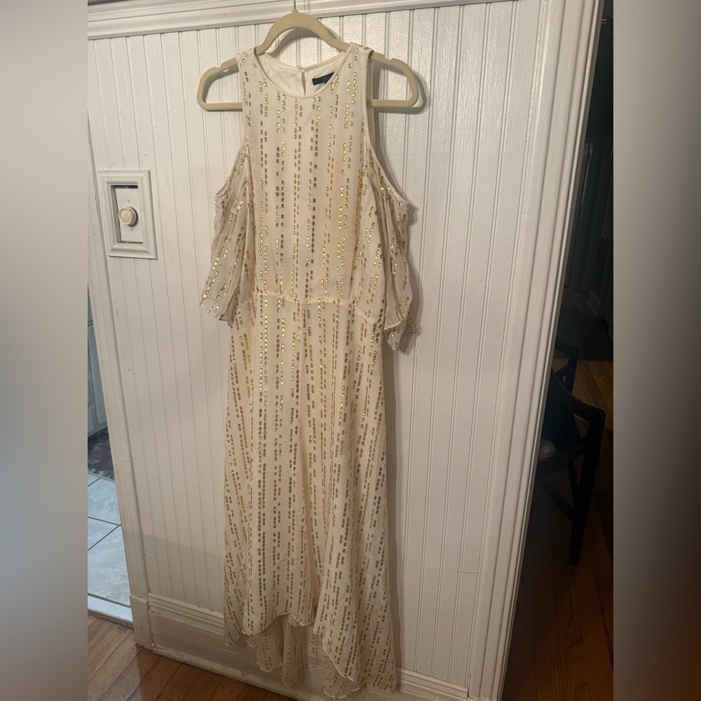 Tibi Cold Shoulder Silk Maxi Size 10 Metallic accent Dress